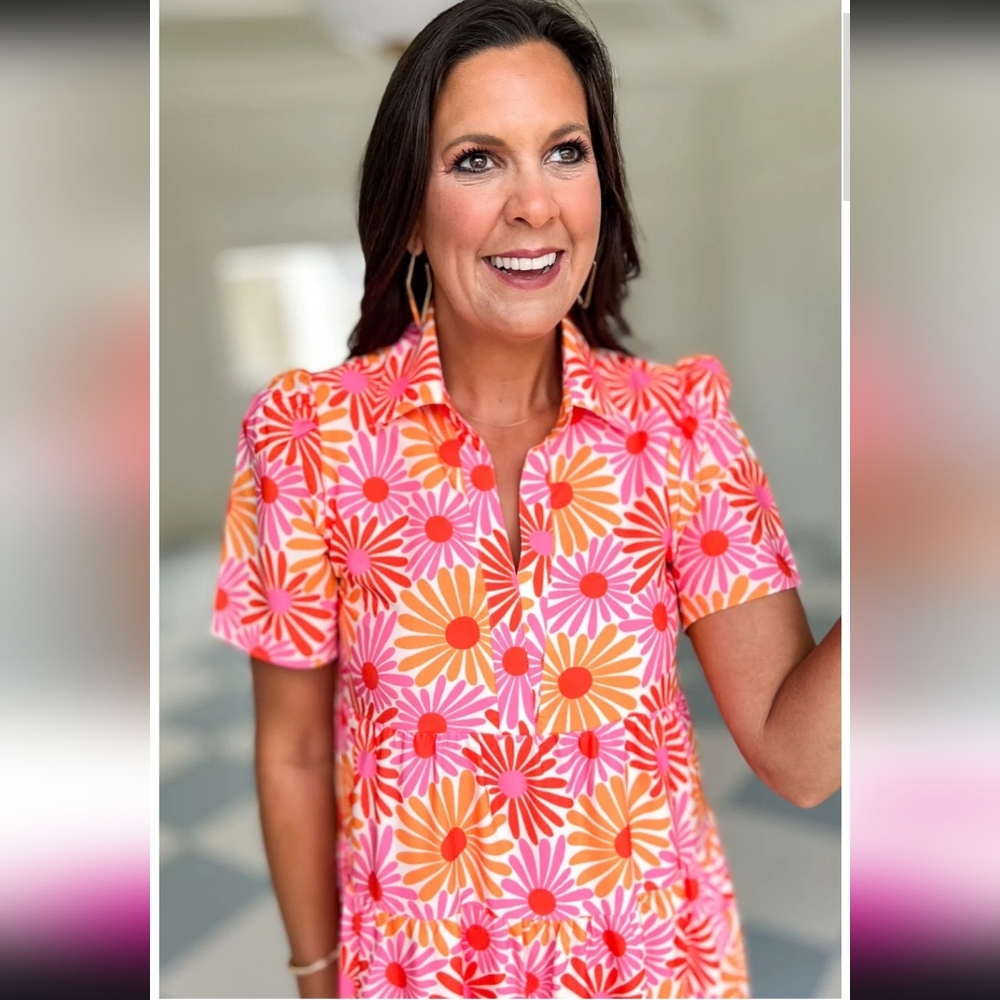 SSYS the label The Short Sleeve Emery Midi Dress in Pink Orange Daisy XL - Picture 2 of 11